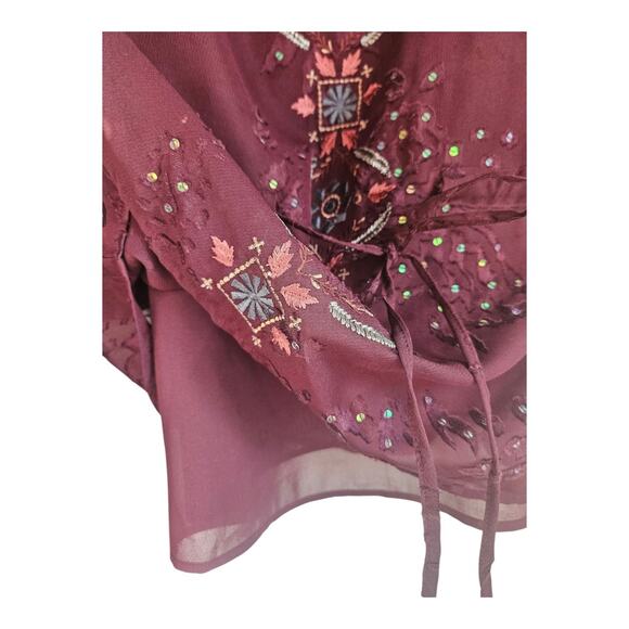 Sundance Womens SM Blouse Burgundy Embroidered Semi Sheer Drawstring Waist BOHO - Picture 3 of 12